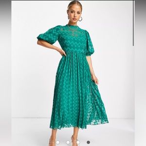 ASOS Design high neck pleated chevron midi dress, forest green
